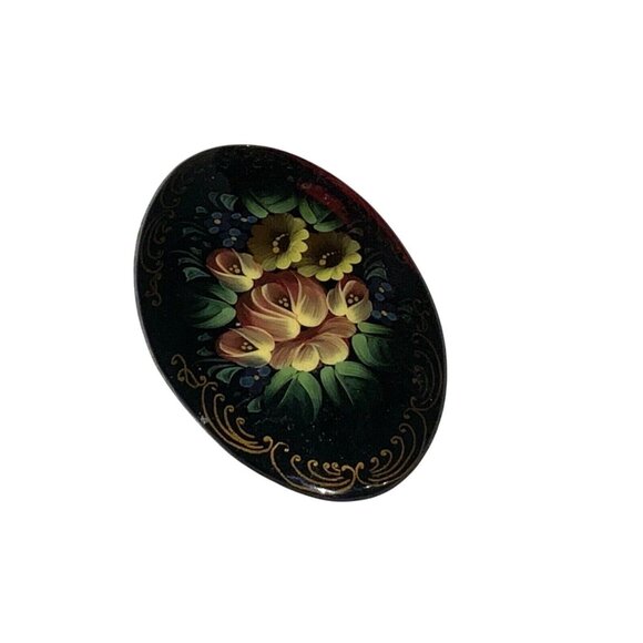 Signed Hand Painted Vintage Floral Pin Brooch Black Lacquer Red Yellow Floral - Picture 2 of 8